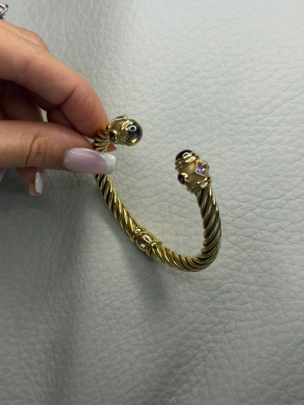 Vintage 14K Yellow Gold Twisted Cable Cuff Bracelet with Gemstones (6.5
